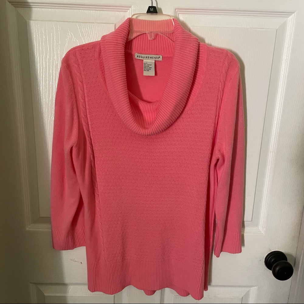 Requirements Women’s Lightweight sweater; , sz L; peachy salmon color;cow collar